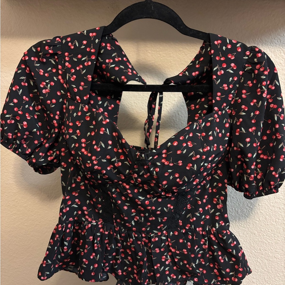 Cherry Print Black Top